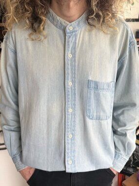 Vintage 80s 90s Faded Light Wash Denim Collarless Long Sleeve Shirt ~ Size M